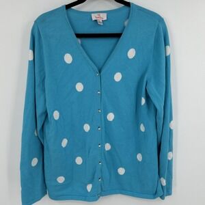 Quacker Factory Sweater Cardigan Womens Medium Blue Polka Dot Rhinestone Buttons